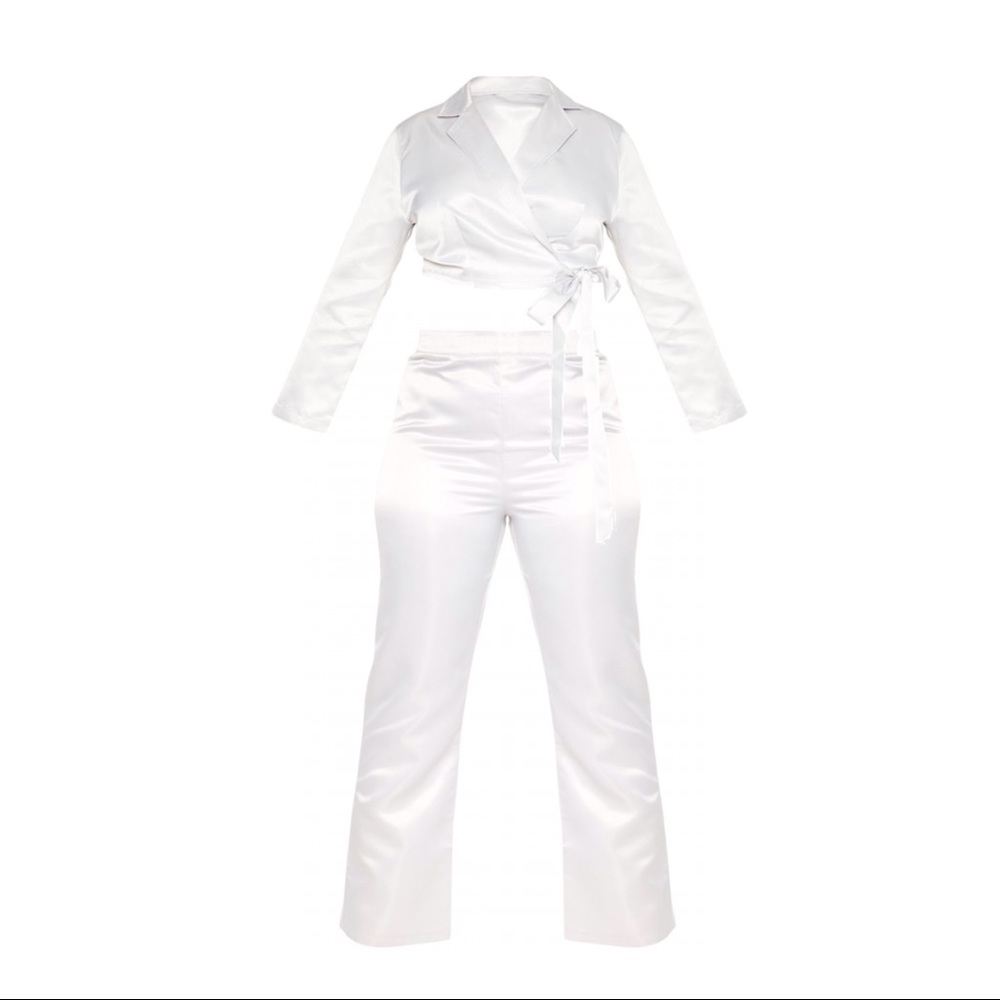 Silver Satin Tie Blazer & Wide Leg Pant Set